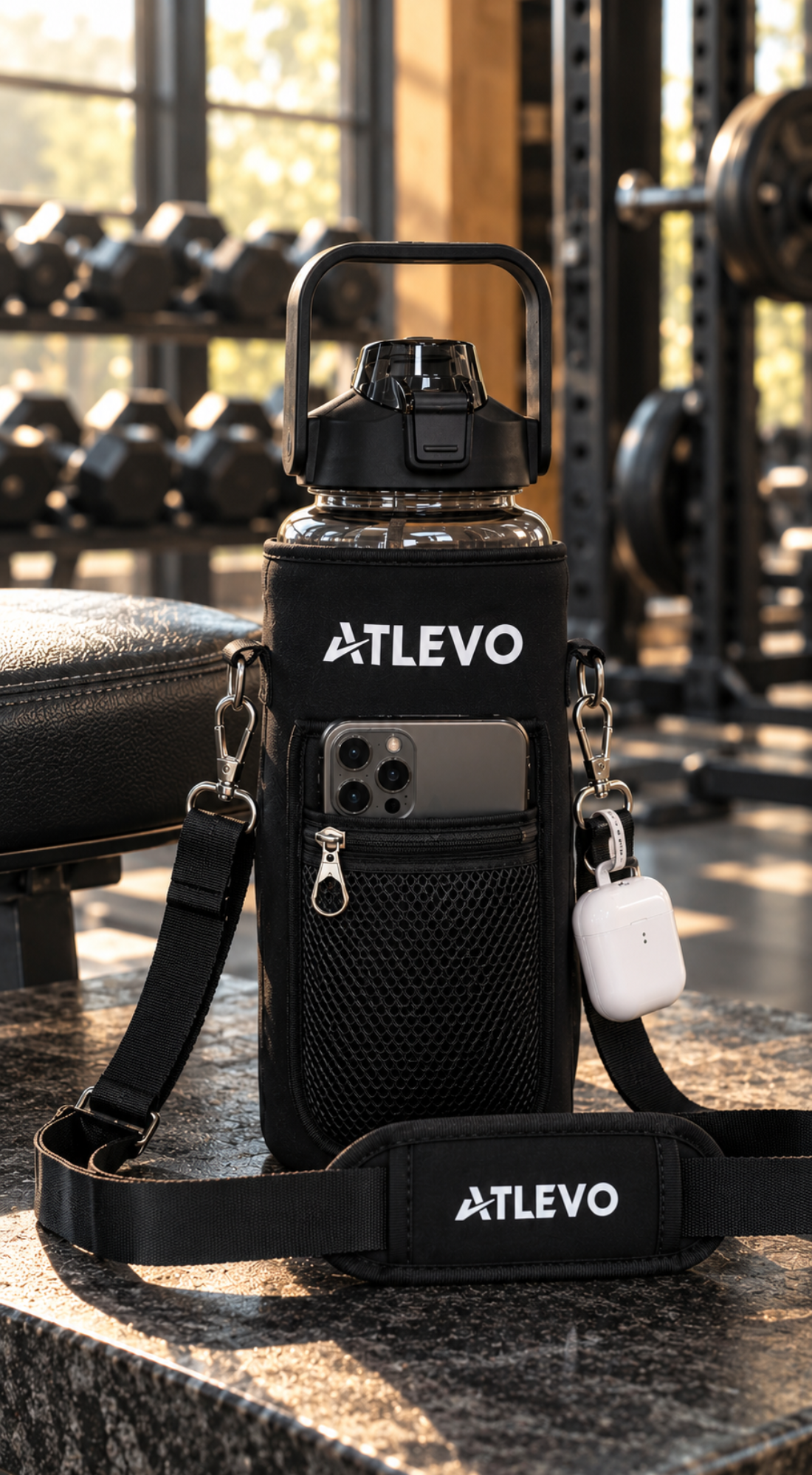 2L Fitnessflasche mit Handyhalterung