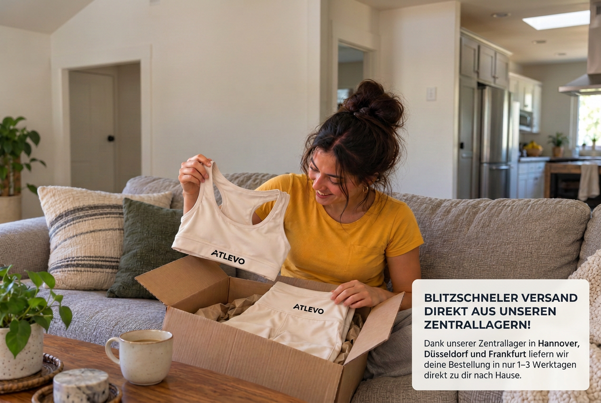 ATLEVO-Auspackfoto mit Versandtext unten rechts